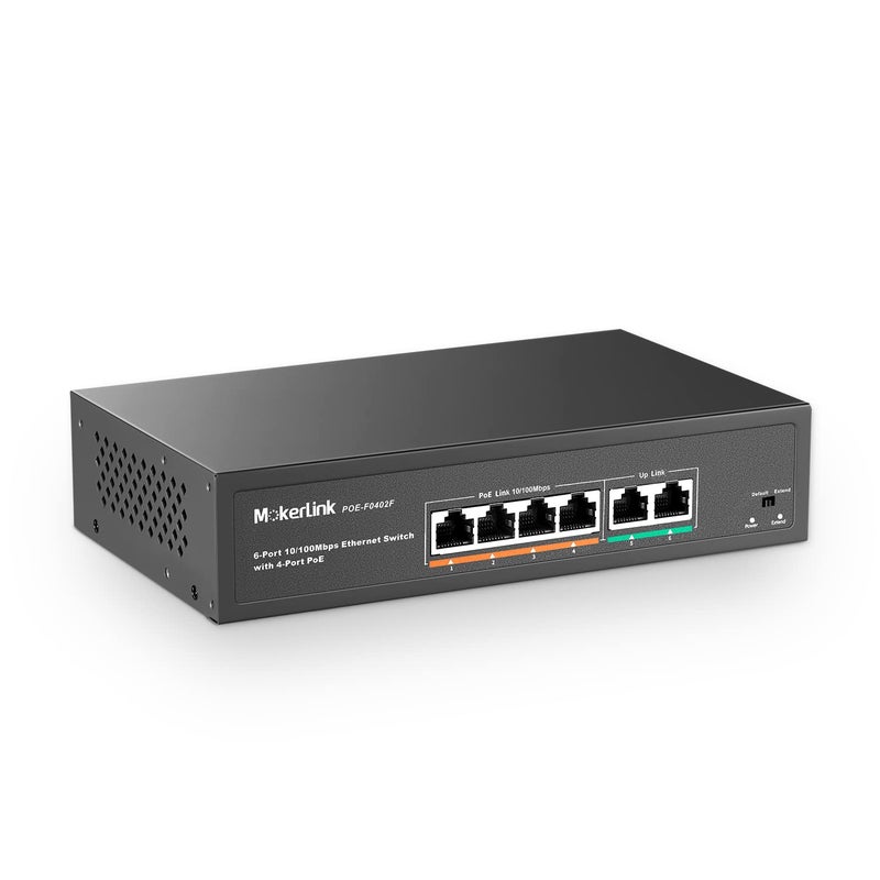 MokerLink 6 Port PoE Switch with 4 Ports PoE+, 2 Fast Ethernet Uplink, 10/100Mbps, 78W High Power, Support IEEE802.3af/at, Fanless Metal Plug & Play PoE+ Network Switch - Image 1